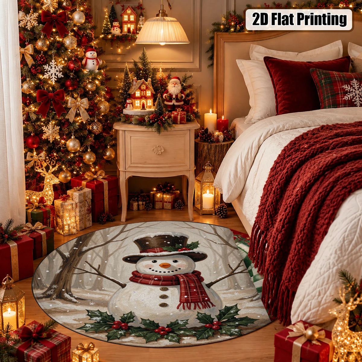 Snowman Winter Forest Holly Machine Washable Velvet Rug