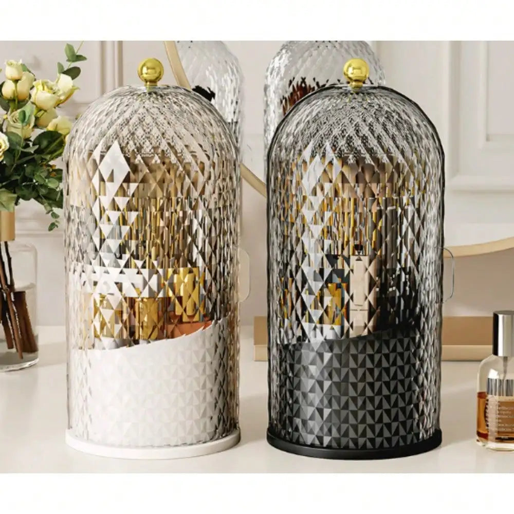 Rotating Cosmetic Storage Organizer With Brush Lid
