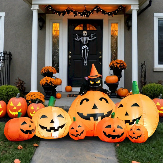 Halloween Inflatable Pumpkin With Witch Cat Led Lights Lawn Decor