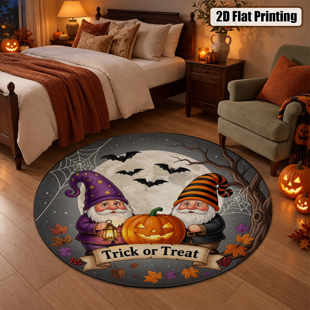 Halloween Gnome Jack-o-Lantern Bat Moon Trick or Treat Round Velvet Doormat, Machine Washable, Stable Placement, Ideal for Entryway, Living Room, Porch, Patio, Great for Halloween, Thanksgiving, Christmas, New Year, Black Fri