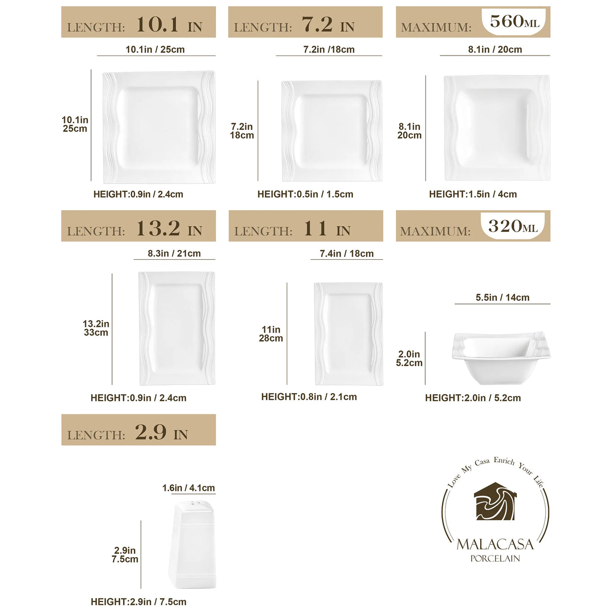 MALACASA Square Porcelain Dinnerware Set With Plates And Bowls