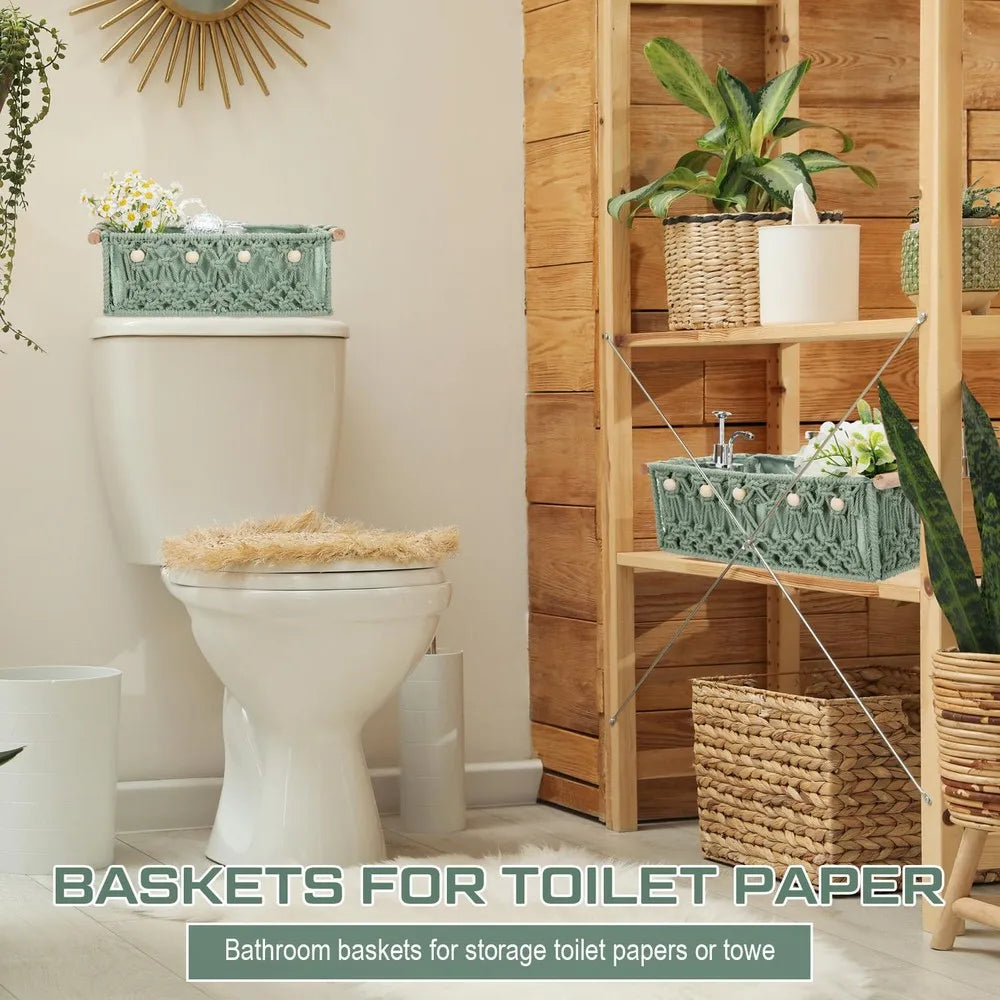 Boho Macrame Woven Storage Baskets With Wooden Handles And Beads