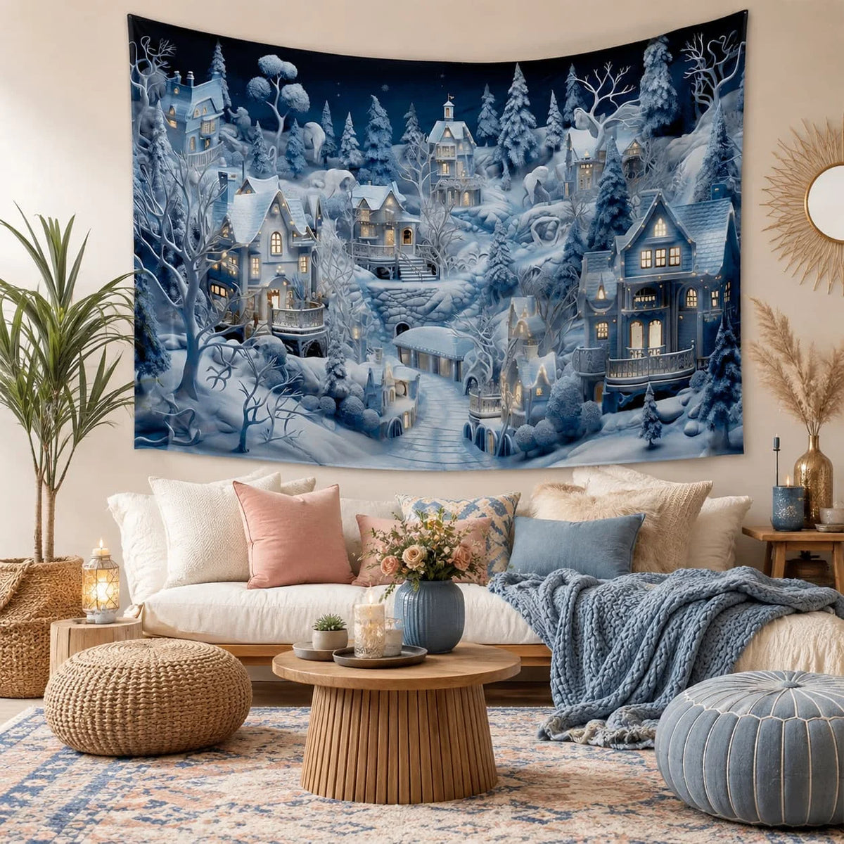 Christmas Town Snow Scene Winter Wonderland Wall Tapestry