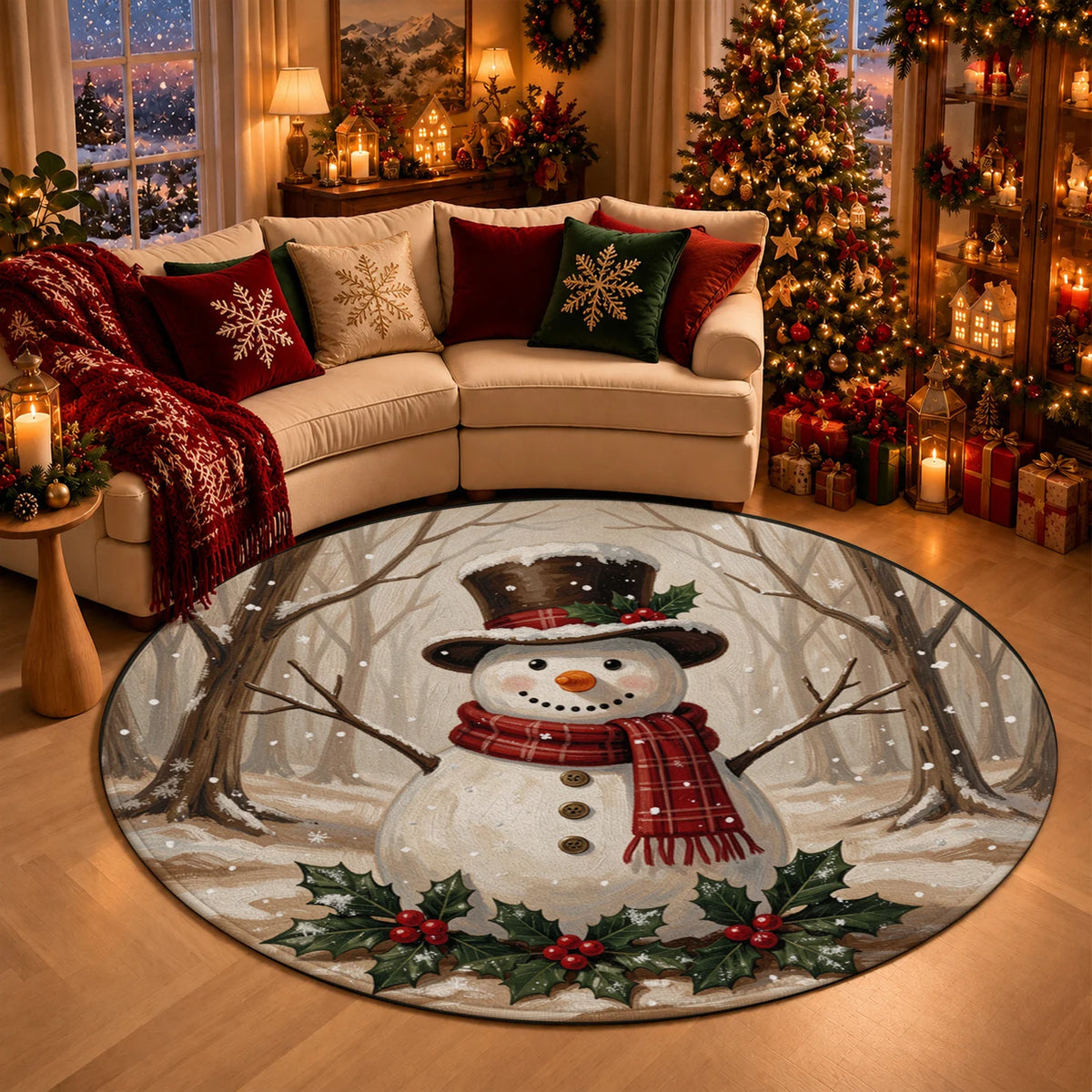 Snowman Winter Forest Holly Machine Washable Velvet Rug