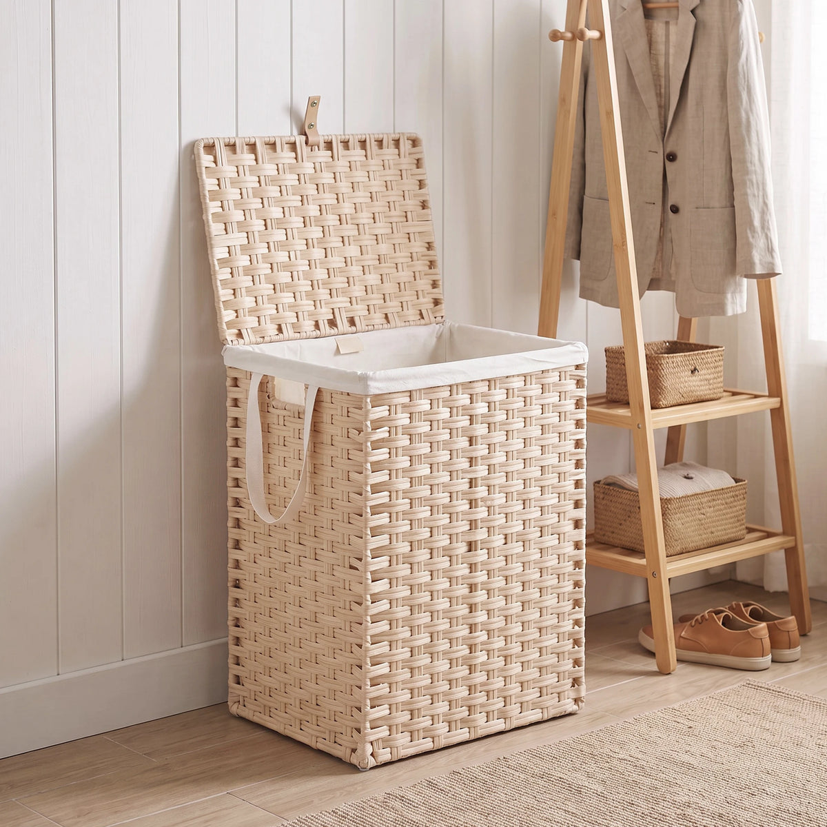Woven Laundry Hamper with Lid and Removable Liner Handles