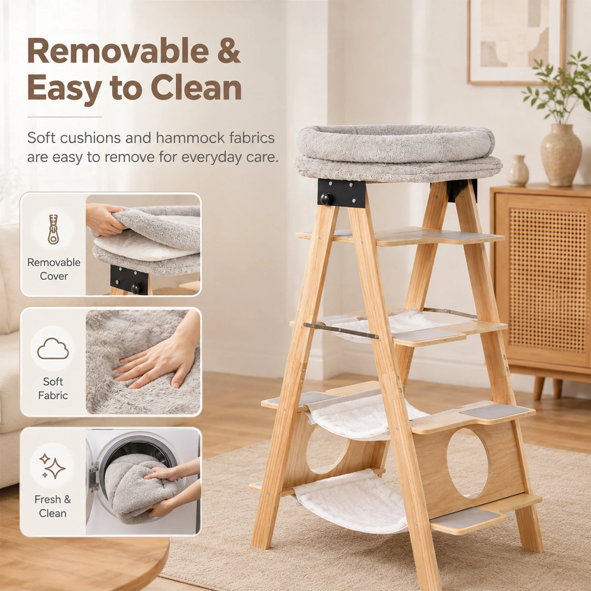Wooden Cat Tree Tower With Washable Cushions And Hammock
