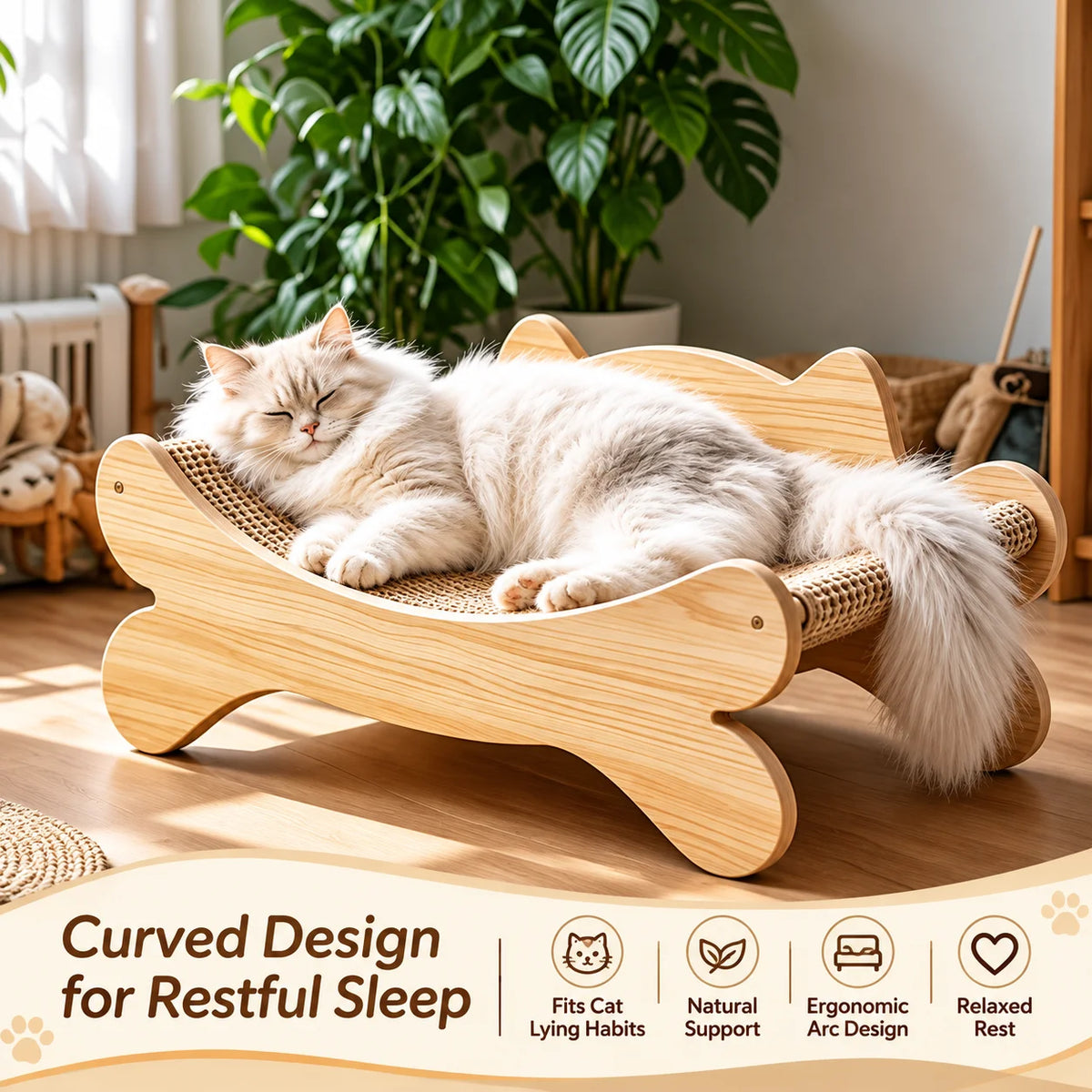 Modern Curved Wooden Cat Scratcher Bed With Sisal Lounge Pad