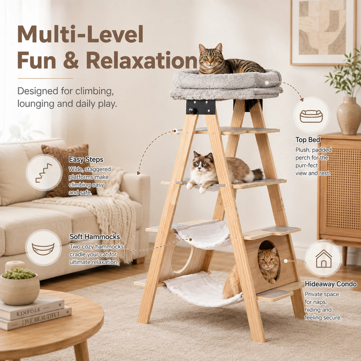 Wooden Cat Tree Tower With Washable Cushions And Hammock