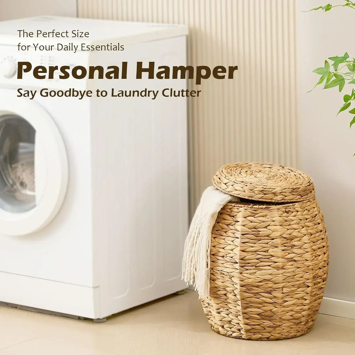 Handwoven Round Water Hyacinth Blanket Storage Basket With Lid