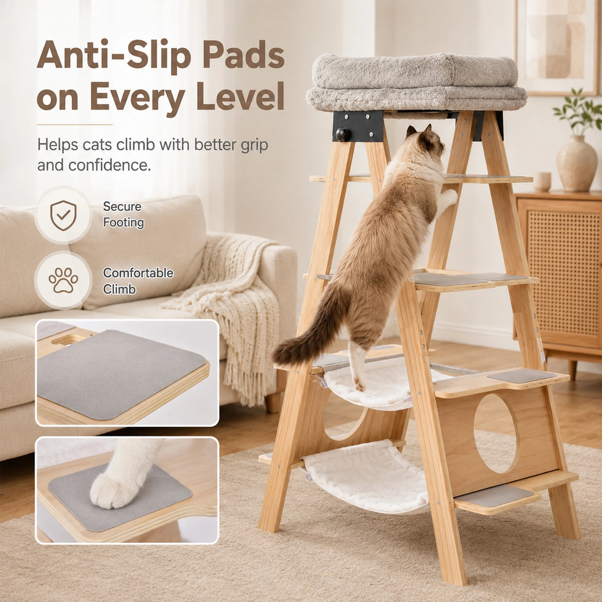 Wooden Cat Tree Tower With Washable Cushions And Hammock