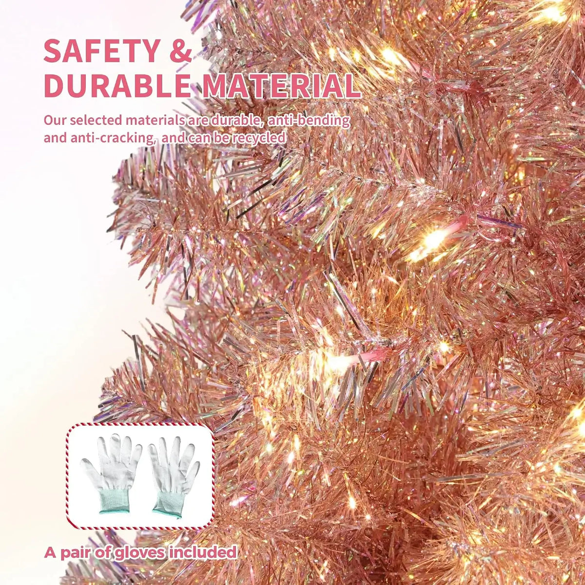 Garvee 4.5/6/7.5FT Prelit Artificial Christmas Tree Rose Gold Tinsel Fake Christmas Tree with 250 Warm White LED Lights Metal Stand & 688 Branch Tips for Home, Office, Xmas Party Decor, Gold