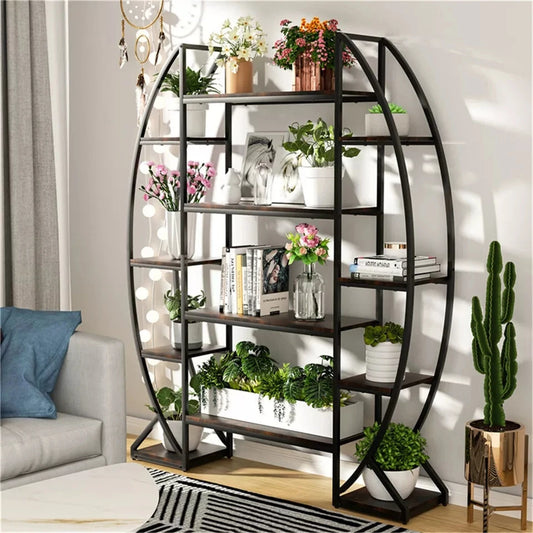 Five Tier Oval Etagere Bookshelf Metal Wood Plant Stand