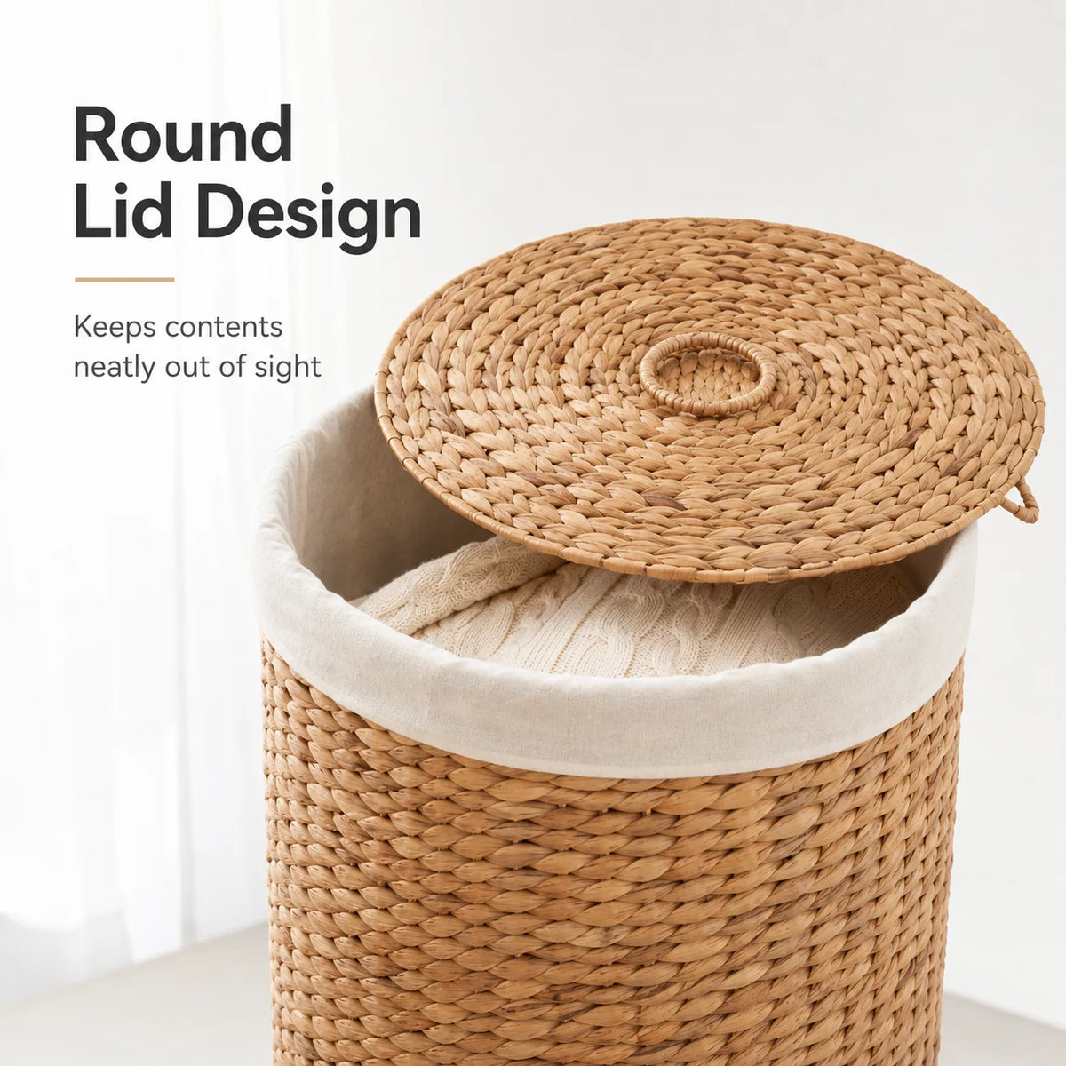 Woven Water Hyacinth Laundry Hamper With Lid And Removable Liner