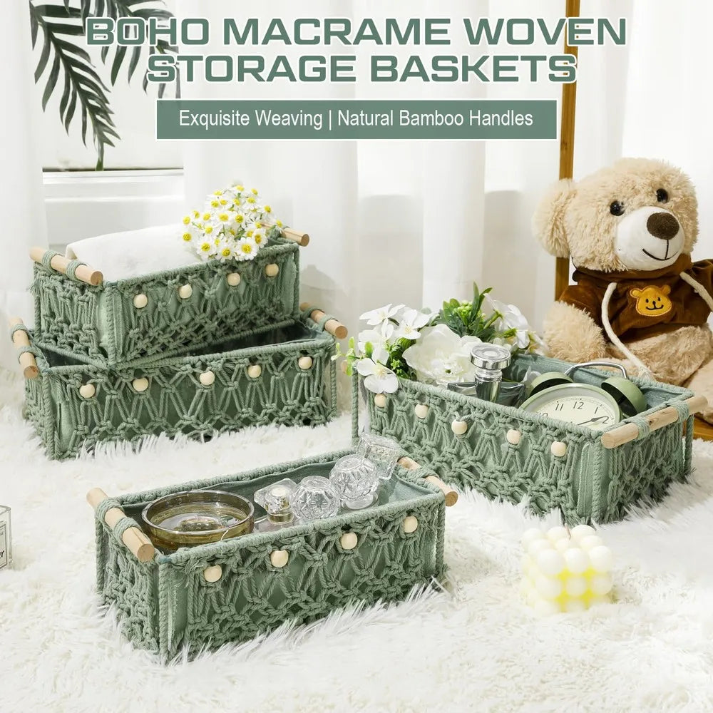 Boho Macrame Woven Storage Baskets With Wooden Handles And Beads