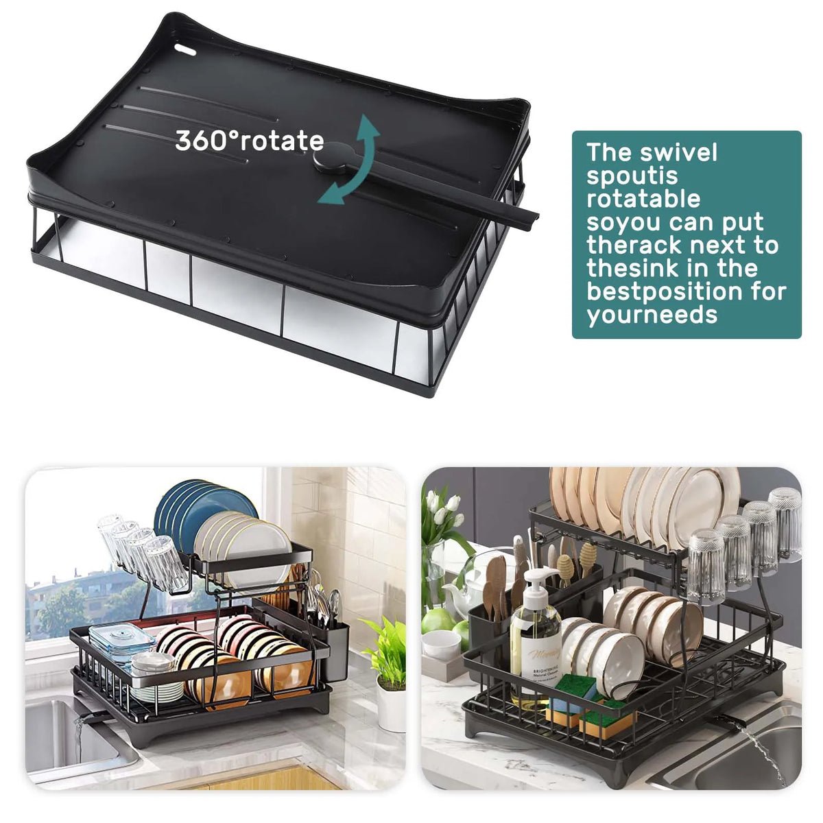 Two Tier Metal Dish Drying Rack With Draining Tray