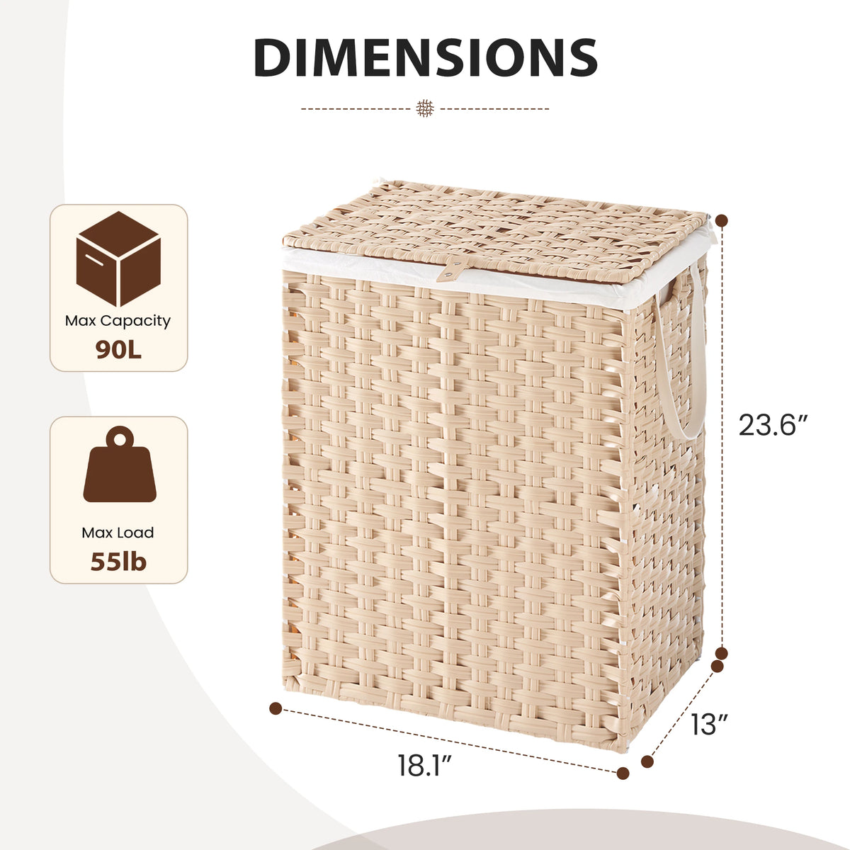 Woven Laundry Hamper with Lid and Removable Liner Handles