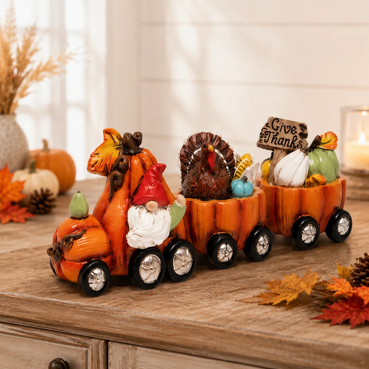 Hodao Resin Thanksgiving Pumpkin Train Figure, 3-Car Fall Harvest Decor with Gnome, Turkey, Corn, Pumpkins & Give Thanks Sign, 7.8" Long Autumn Farmhouse Tabletop Centerpiece, Seasonal Shelf Mantel Decor, Holiday Gift for Hom