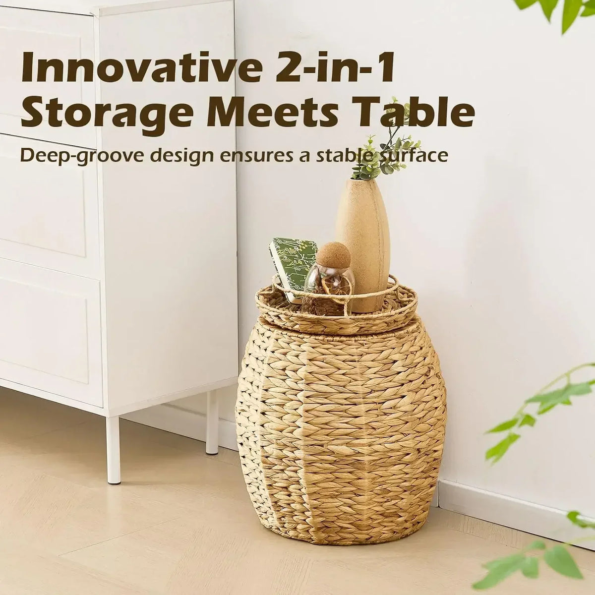 Handwoven Round Water Hyacinth Blanket Storage Basket With Lid