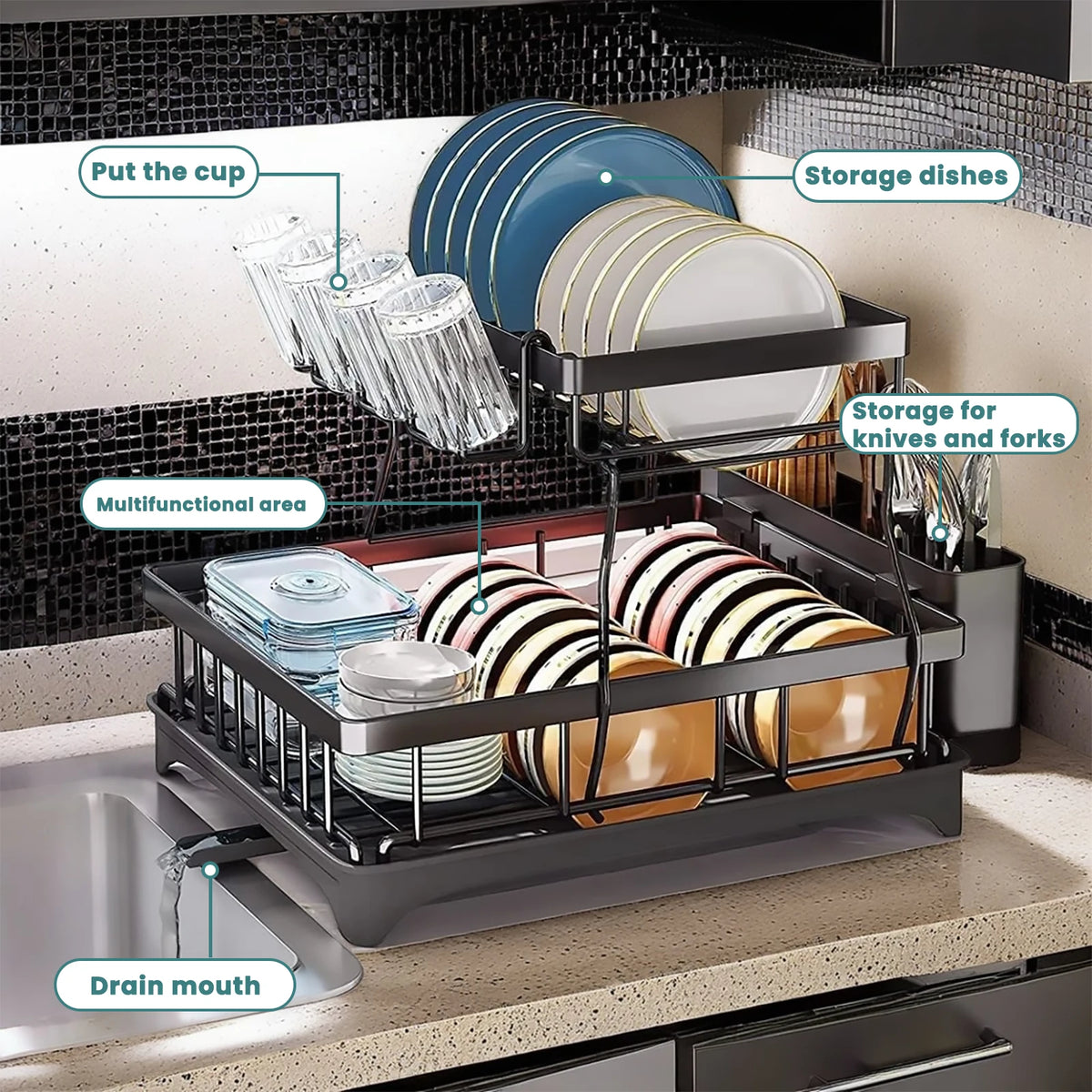 Two Tier Metal Dish Drying Rack With Draining Tray