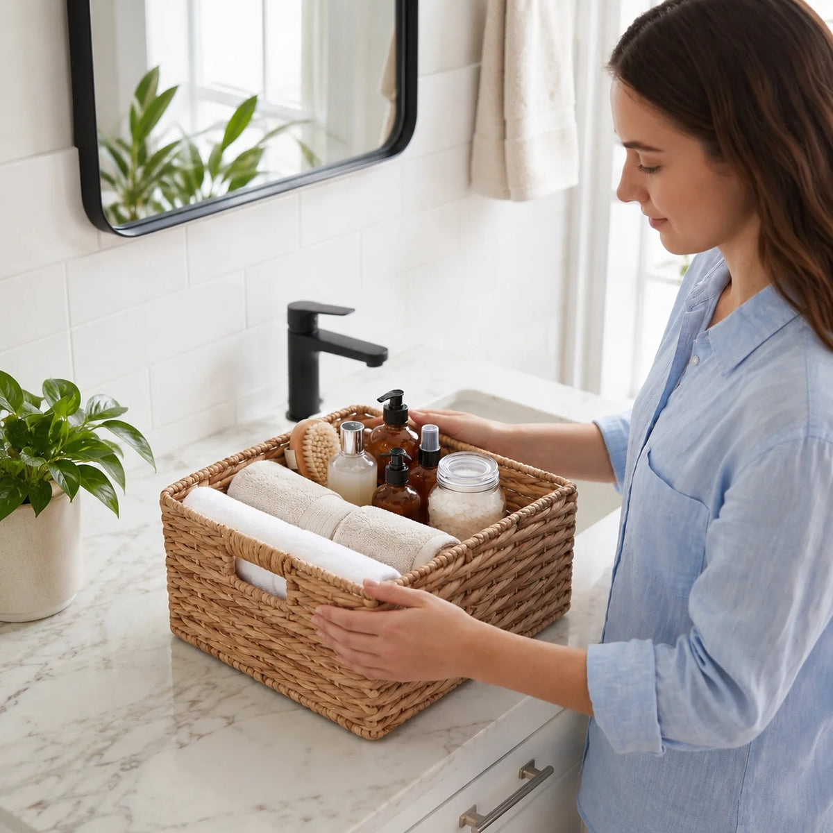 Water Hyacinth Woven Storage Basket With Handles For Home Organization